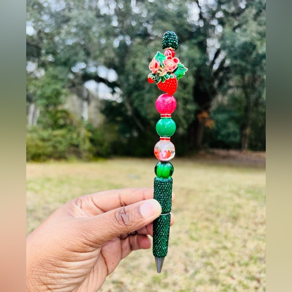 Accessories - Custom Made Strawberries with Green Leaves Red Rhinestone Beaded Pen